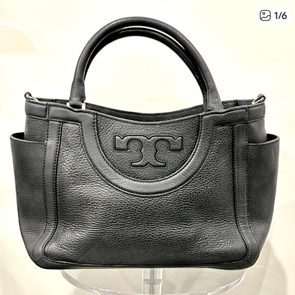 Tory Burch Serif T Satchel Handbag, Black Leather Designer Purse